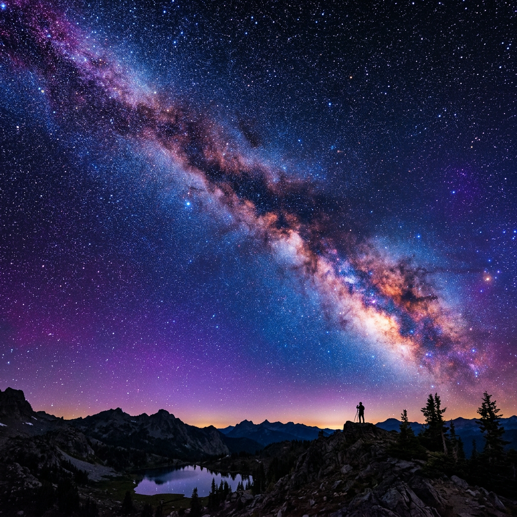 Silhouetted stargazer overlooking a mountain lake beneath the Milky Way